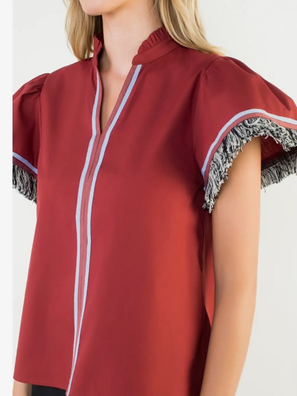 THML Brick Red Fringe Sleeve Short-Sleeve Blouse - Picture 3 of 8